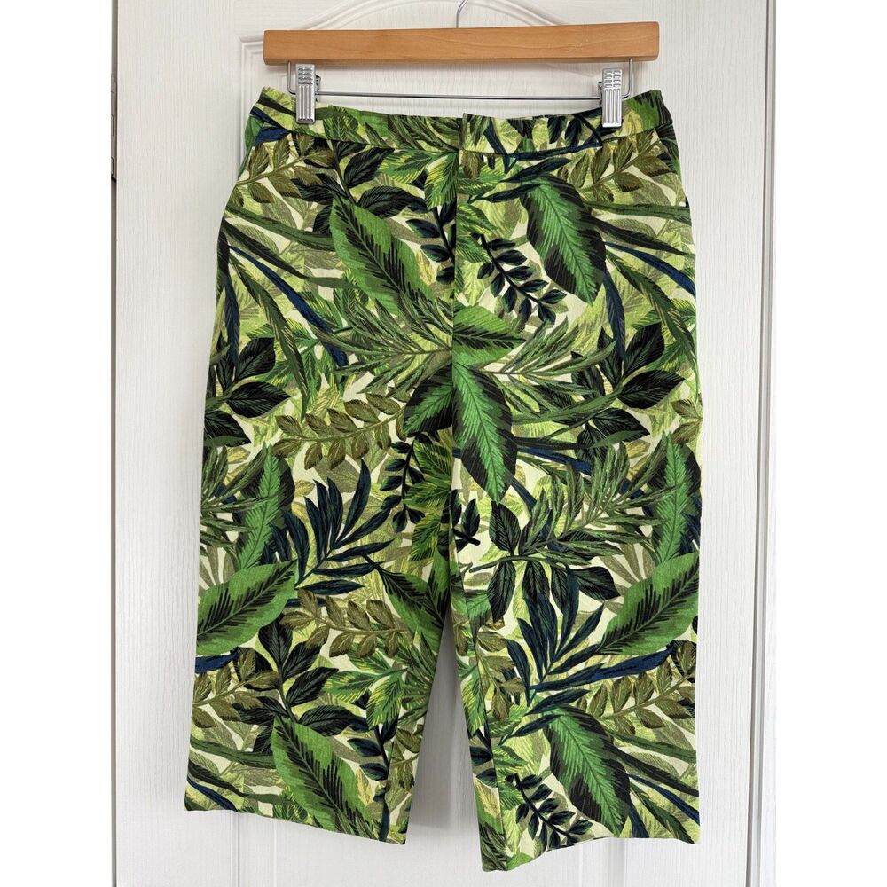 Susan Graver Women's Capri Pants Green Tropical Print Cotton Spandex Size 6